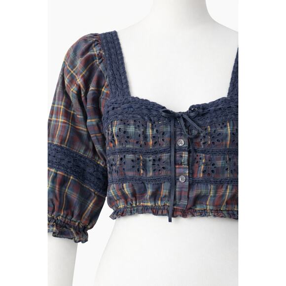 American Eagle Plaid Eyelet Cropped Top - Picture 2 of 5